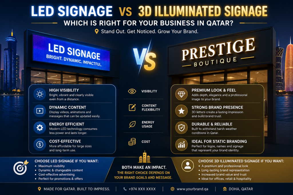 LED Signage vs 3D Illuminated Signage — Which is Right for Your Business in Qatar?